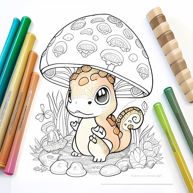 Photo page de coloriage de dragon de champignon de style anime mignon