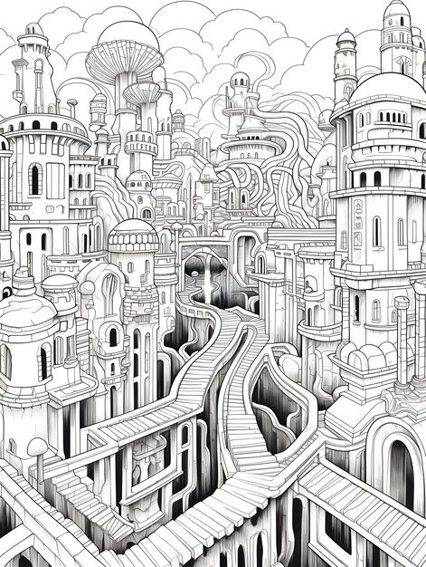 Page de coloriage du livre Labyrinthe Labyrinthe Art de ligne en noir et blanc bw art linéaire Arrière-plan abstrait