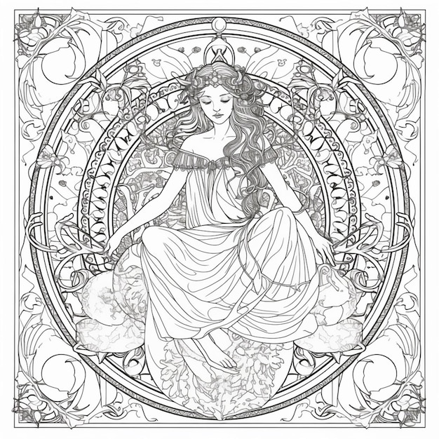 Une page de coloriage d'une femme en robe assise sur une fleur générative ai