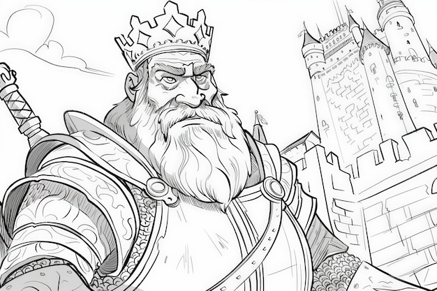 Page de coloriage Une figure royale portant une couronne représentée dans un dessin en noir et blanc