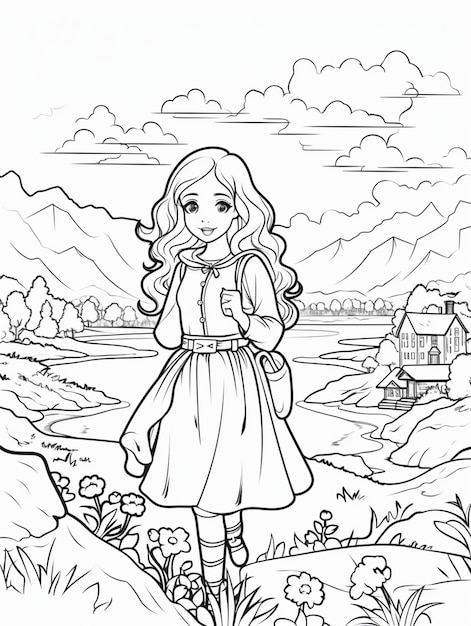 Page de coloriage Fille explorant la nature