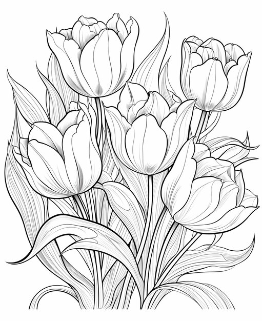 page de coloriage fleurs de tulipes noires et blanches vives sans ombrage