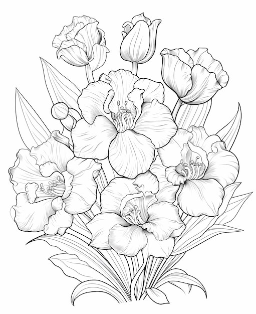 Page de coloriage florale inspirante pour la pleine conscience et la motivation Tulipes Fleurs de stock