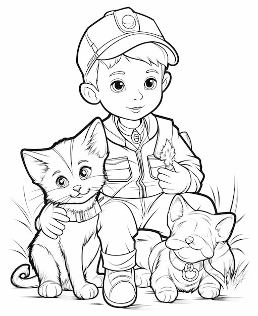 Une page de coloriage d'un garçon avec un chat et un chaton ai génératif