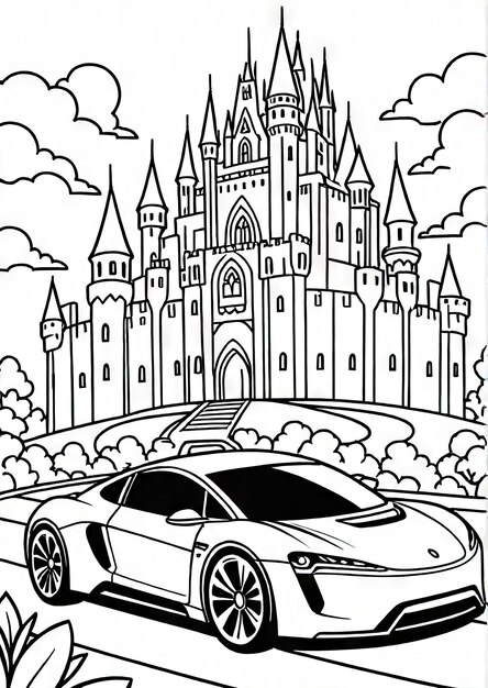 Page de coloriage générée par Kingdom Drive avec une voiture super futuriste et un fond de château