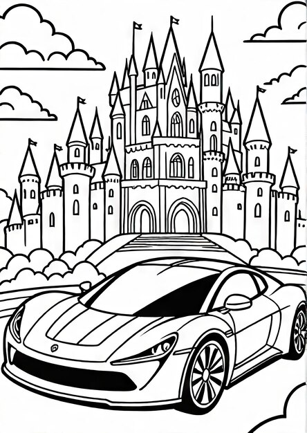 Photo page de coloriage générée par kingdom drive avec une voiture super futuriste et un fond de château