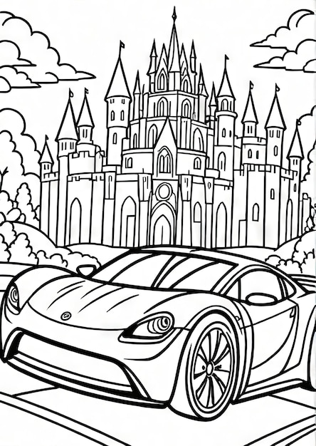 Page de coloriage générée par Kingdom Drive avec une voiture super futuriste et un fond de château