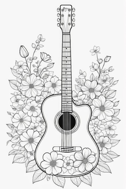 Page de coloriage de la guitare avec des fleurs