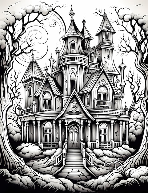 Photo page de coloriage halloween manoir hanté noir et blanc