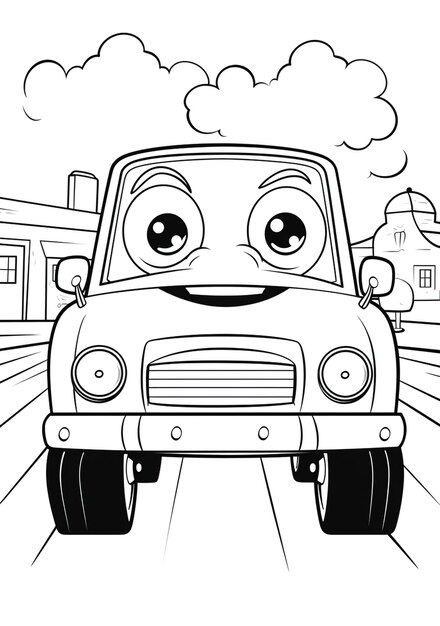 Photo page de coloriage de haute qualité et résolution pour enfants avec une jolie voiture de dessin animé