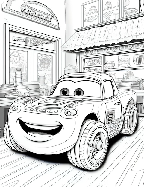 Photo page de coloriage de haute qualité et résolution pour enfants avec une jolie voiture de dessin animé