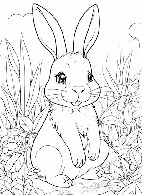 Une page de coloriage d'un lapin assis dans l'herbe générative ai