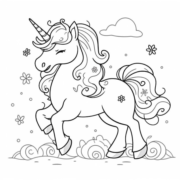 Une page de coloriage d'une licorne avec une fleur sur sa tête