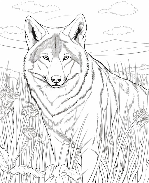 Une page de coloriage d'un loup dans un champ d'herbes hautes ai générative