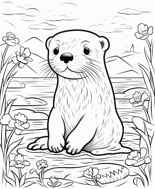 Une page de coloriage d'une loutre assise sur un rocher dans l'eau générative ai