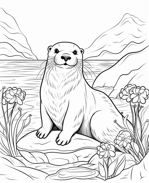 Une page de coloriage d'une loutre assise sur un rocher dans l'eau générative ai