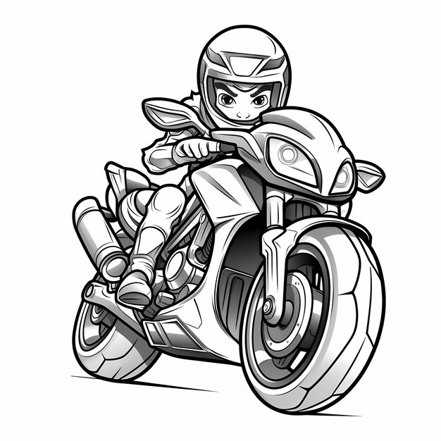 Page de coloriage de moto de style dessin animé avec des lignes en gras