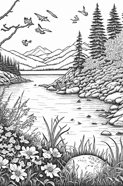 page de coloriage nature jardin vierge noir et blanc pour livre de coloriage