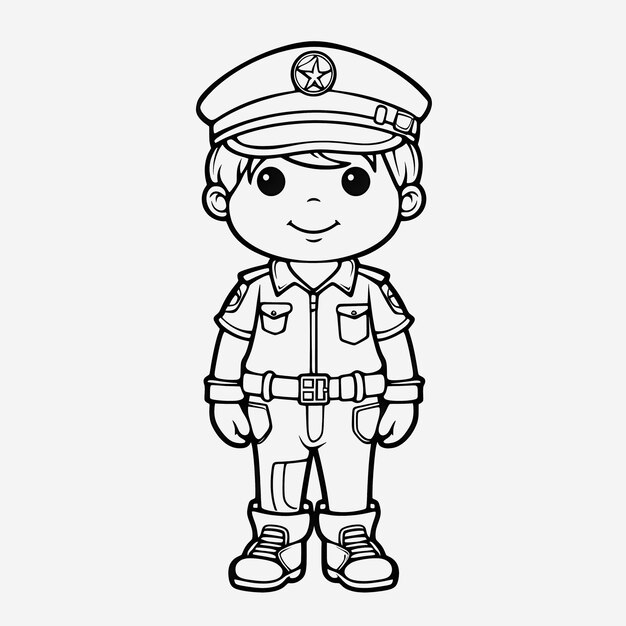 Page de coloriage noir et blanc Illustration vectorielle plane d'un policier mignon pour les enfants