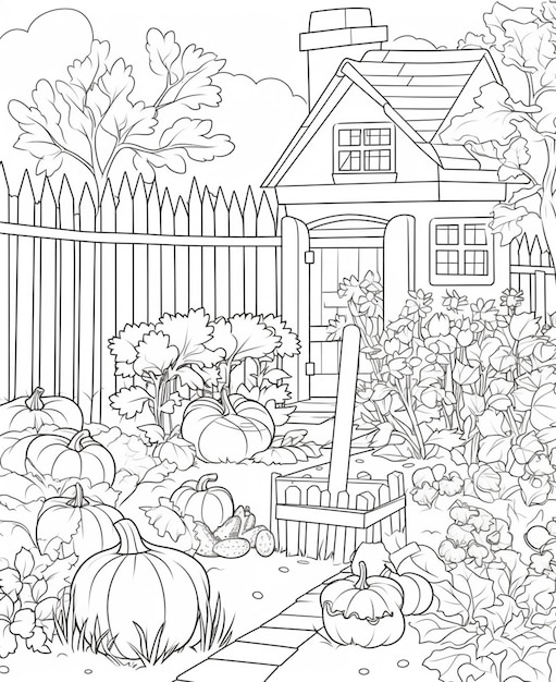 Une page de coloriage en noir et blanc d'un jardin avec des citrouilles et une clôture.