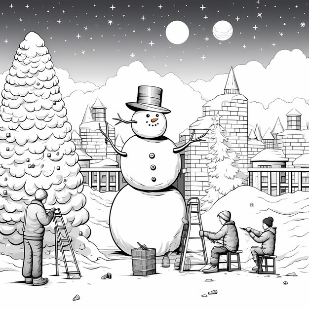 Photo page de coloriage noir et blanc de winter merriment mettant en vedette des personnes construisant un bonhomme de neige