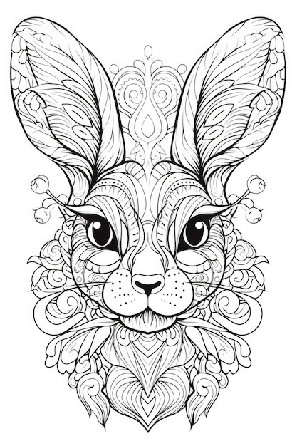 Photo page de coloriage avec des ornements de mandala d'un lapin lapin ou de la tête de lièvre dans un style d'art de ligne dessiné à la main