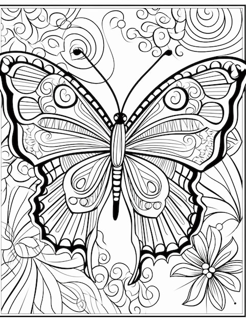 Une page de coloriage de papillon avec des tourbillons et des tourbillons générative ai