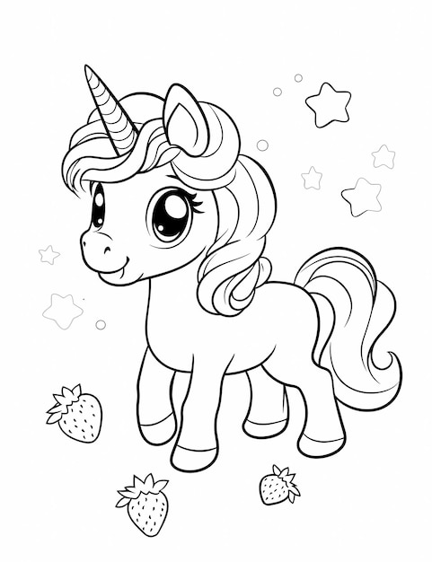 Page de coloriage pour enfants une mignonne licorne de dessin animé avec des étoiles et des cheveux de couleur fraise lignes épaisses très faible détail
