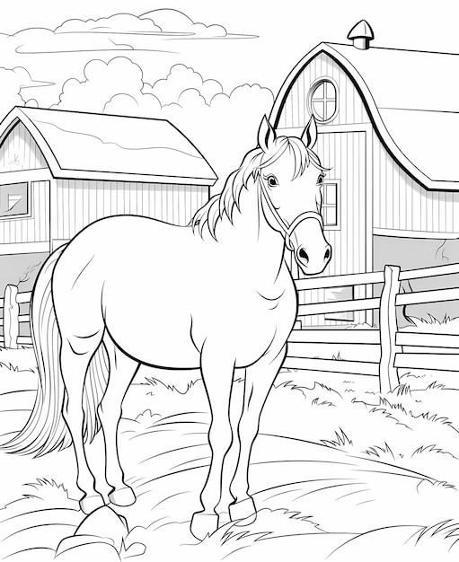 Photo page de coloriage pour enfants pas de couleur ferme de chevaux ligne simple épaisse