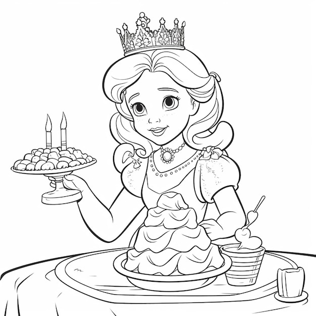 Une page de coloriage d'une princesse tenant un gâteau avec des bougies générative ai