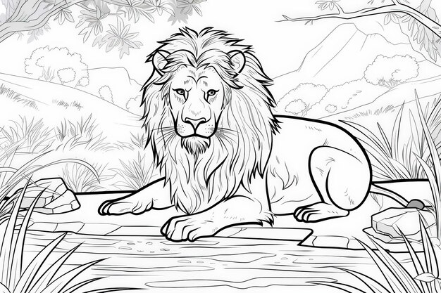 Page de coloriage Un puissant lion est assis majestueusement sur un tronc dans la jungle luxuriante, débordant de force et d'équilibre.