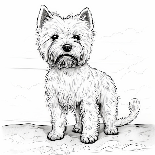 Photo page de coloriage réaliste du west highland terrier avec des illustrations de conte de fées