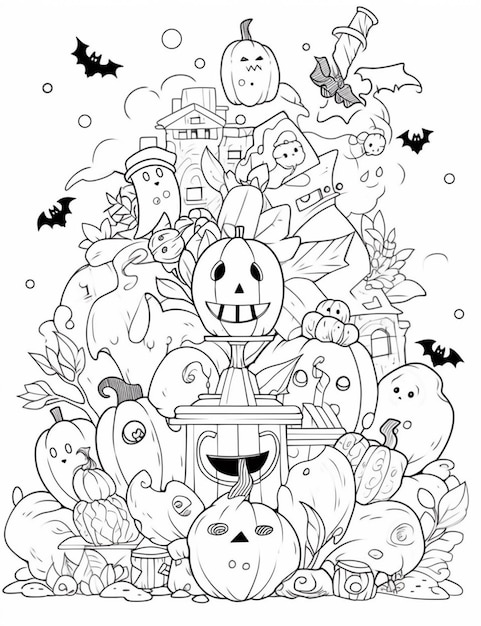 Une page de coloriage avec une scène d'halloween et une IA générative de citrouilles