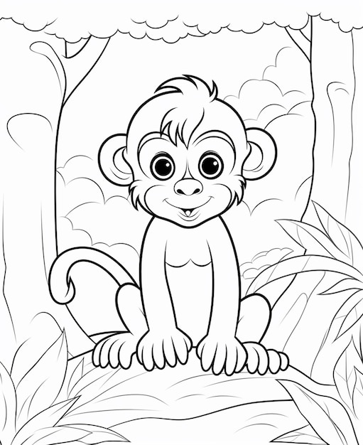 Une page de coloriage d'un singe assis sur une souche d'arbre générative ai