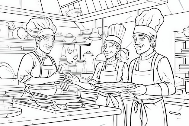 Page de coloriage Trois cuisiniers dans une cuisine chacun concentré sur une tâche différente L'un coupe des légumes l'autre remue une casserole sur le poêle et le troisième platine un plat