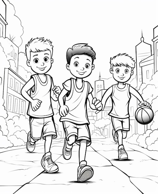 Une page de coloriage de trois garçons jouant au basket-ball dans une rue de la ville générative ai