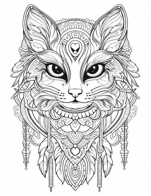 Une page de coloriage avec un visage de chat et un motif dessus générative ai