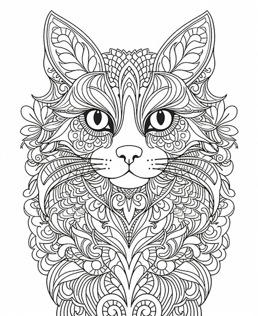 Une page de coloriage avec un visage de chat et des motifs ornés générative ai