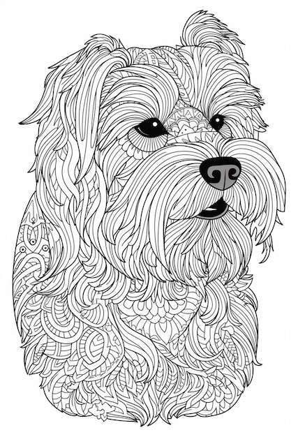 Une page de coloriage avec un visage de chien et un motif génératif ai