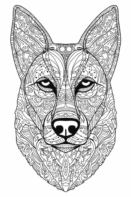 Une page de coloriage avec un visage de chien et des motifs génératifs ai