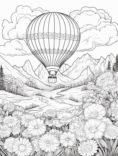 une page à colorier avec un ballon à air chaud volant au-dessus d'un paysage de montagne génératif ai