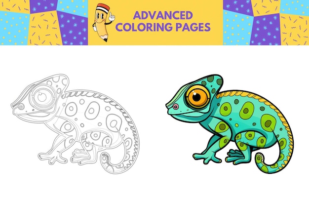 Page à colorier de caméléon avec exemple coloré pour enfants Livre à colorier