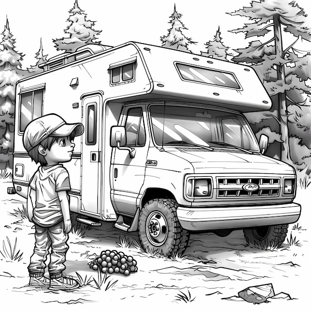 Une page à colorier d'un camping près du Champ