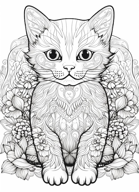 une page à colorier avec un chat assis au milieu des fleurs générative ai