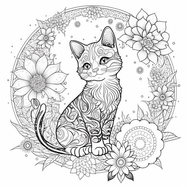 Photo une page à colorier avec un chat assis dans un cercle entouré de fleurs générative ai