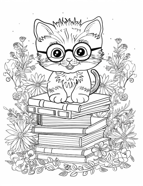 une page à colorier avec un chat assis sur une pile de livres génératifs ai