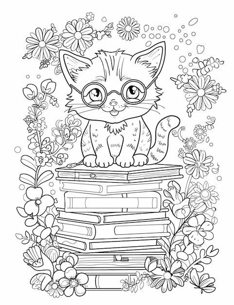 une page à colorier avec un chat assis sur une pile de livres génératifs ai