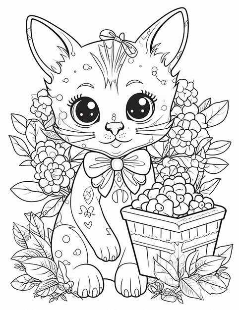 Photo une page à colorier avec un chat et des fleurs