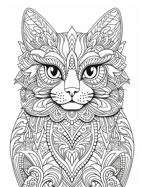 Photo une page à colorier avec un chat avec des motifs complexes génératifs ai