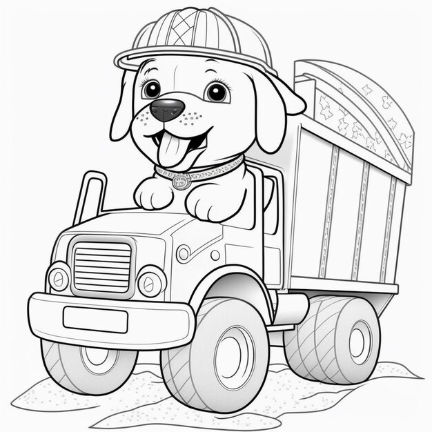 une page à colorier d'un chien conduisant un camion de décharge génératif ai